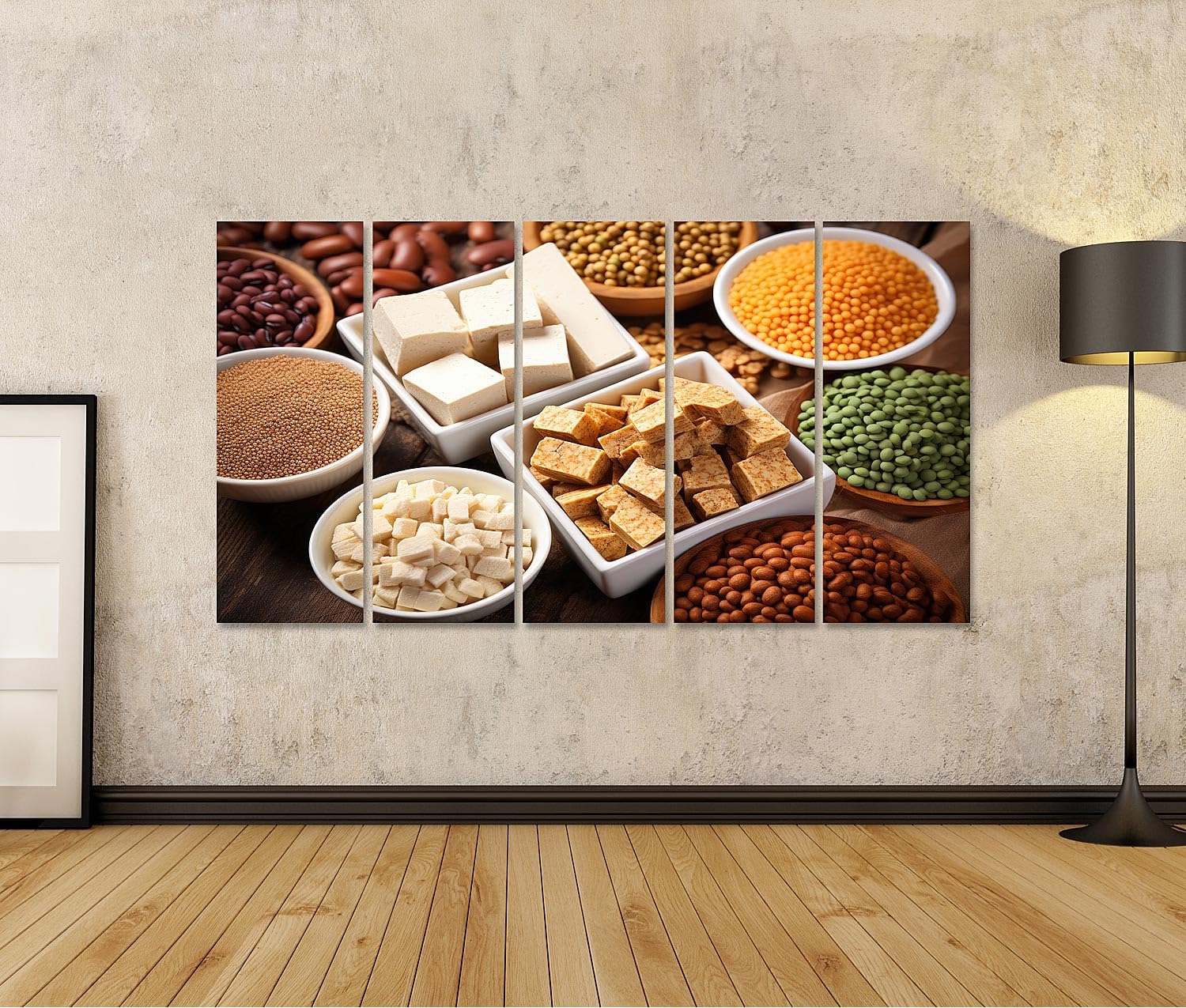 islandburner Bild auf Leinwand Vielfalt Vegane Proteinquellen Bohnen Linsen Tofu Küchenbild für Küche Bilder Wandbilder Poster JDUA-5P