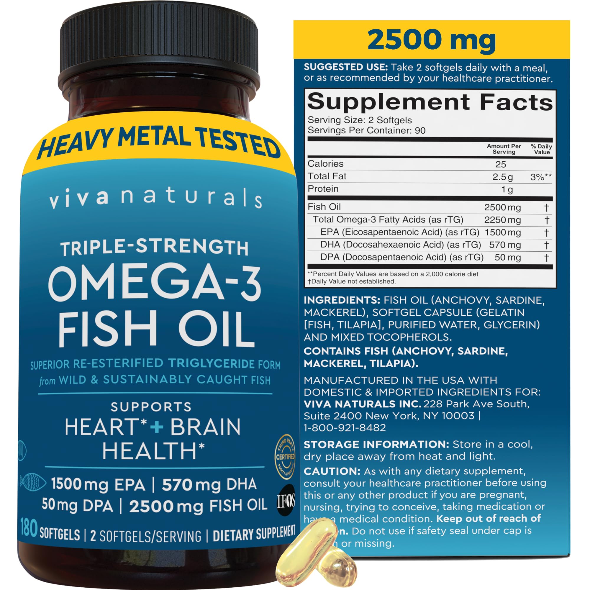 Triple Strength Omega 3 Fish Oil Supplement for Women and Men – 2500 mg High-Potency, Easy-to-Absorb Re-esterified Triglyceride Form, Pescatarian-Friendly DPA EPA DHA Omega 3 Supplement, 180 Softgels