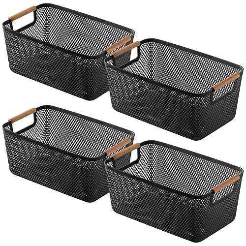 4 Pcs Stackable Wire Baskets, Plastic Storage Baskets with Wooden