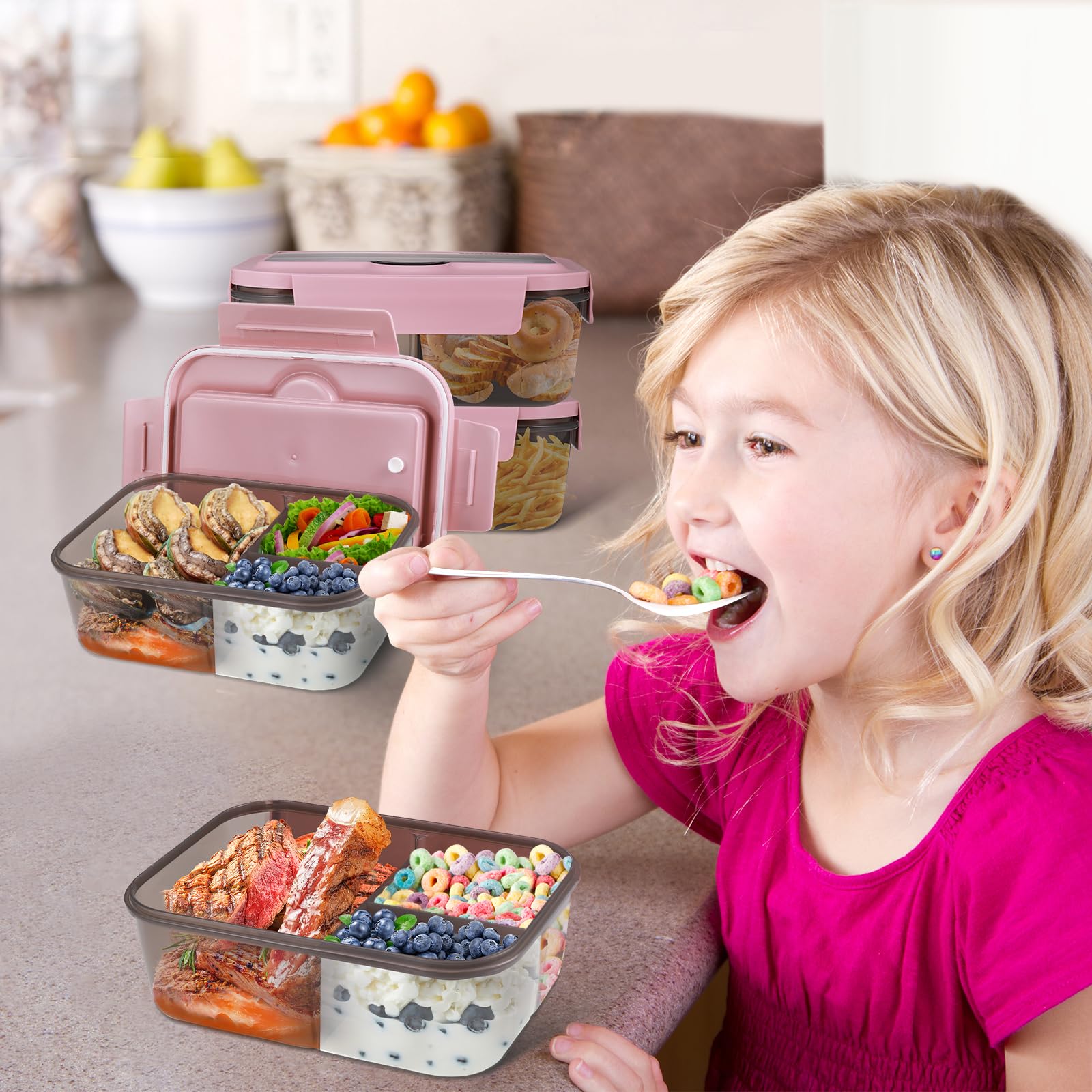 Lunch Box Bento Per Bambini 1400ml - 3 Scomparti, Senza BPA, Sicuro Per Microonde E Lavastoviglie, Rosa - Foto 8