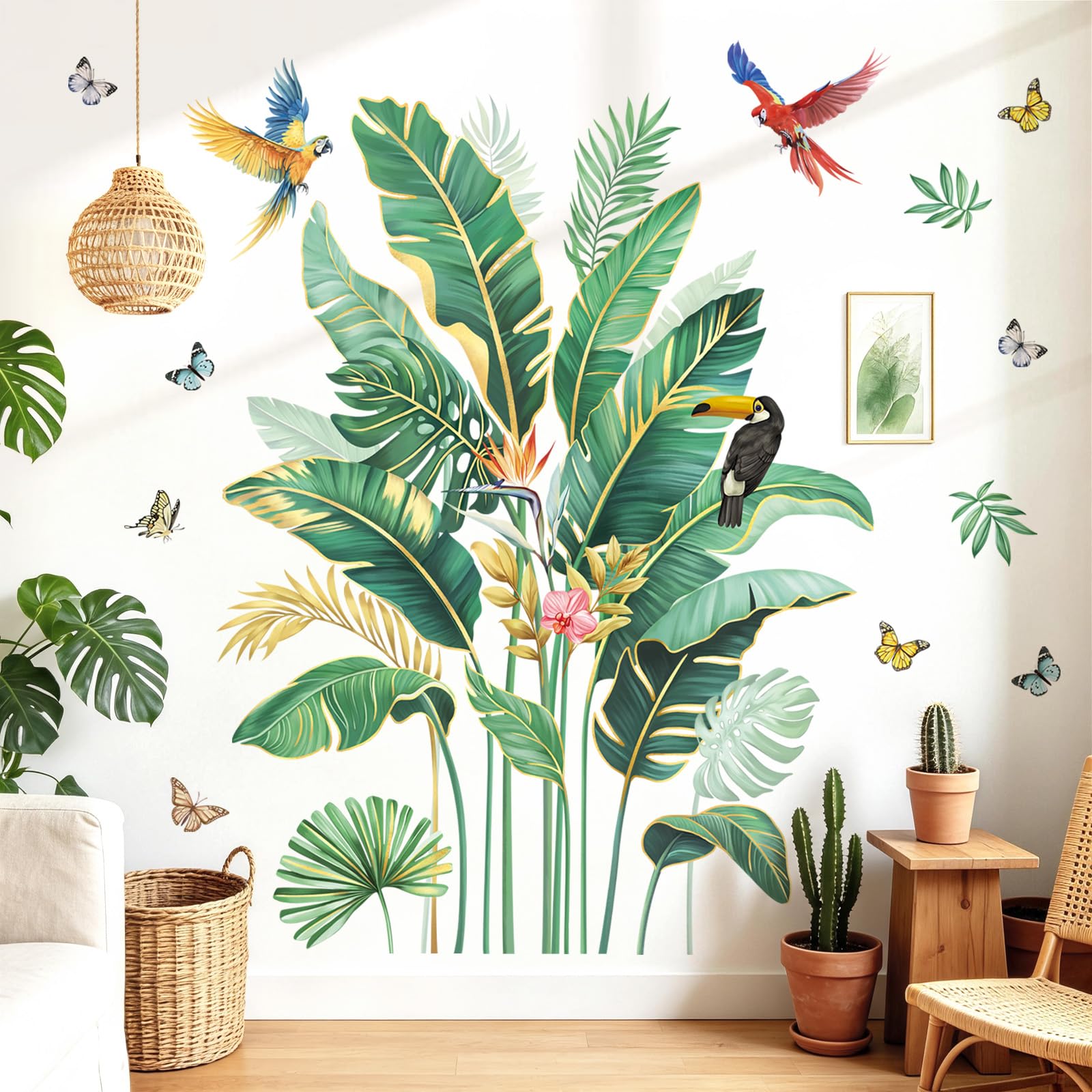 wondever Tropical Palm Leaf Wall Decals Green Gold Plants Wall Stickers