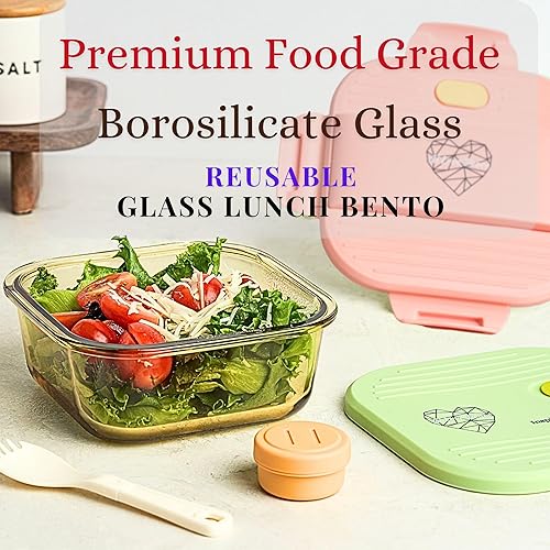 Miniatura 6 de Ai Love Peace Recipiente de sopa con tapas dobles, lonchera de vidrio borosilicato de 26 onzas  Tapa a prueba de fugas + tapa de congelador segura