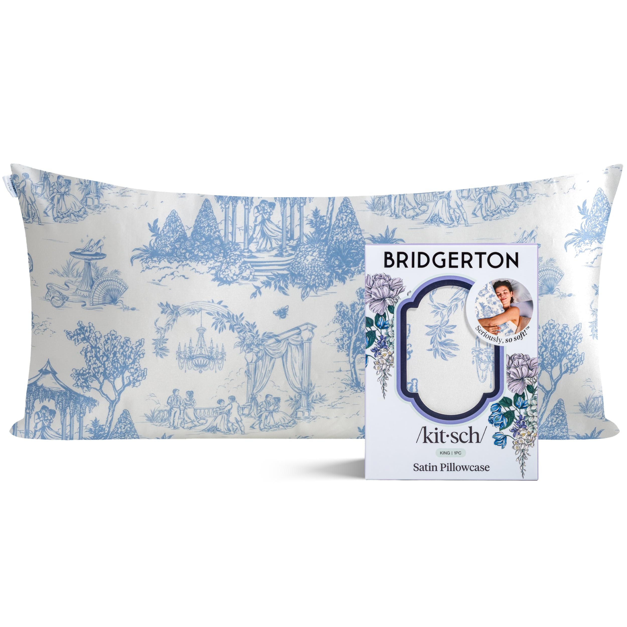 Kitsch Garden Toile Bridgerton X Satin Pillowcase With Zipper For Hair & Skin - Softer Than Silk Pillow Cases, Smooth Cooling Pillow Cover, Wrinkle-Free, Machine Washable, King Size (19X36)