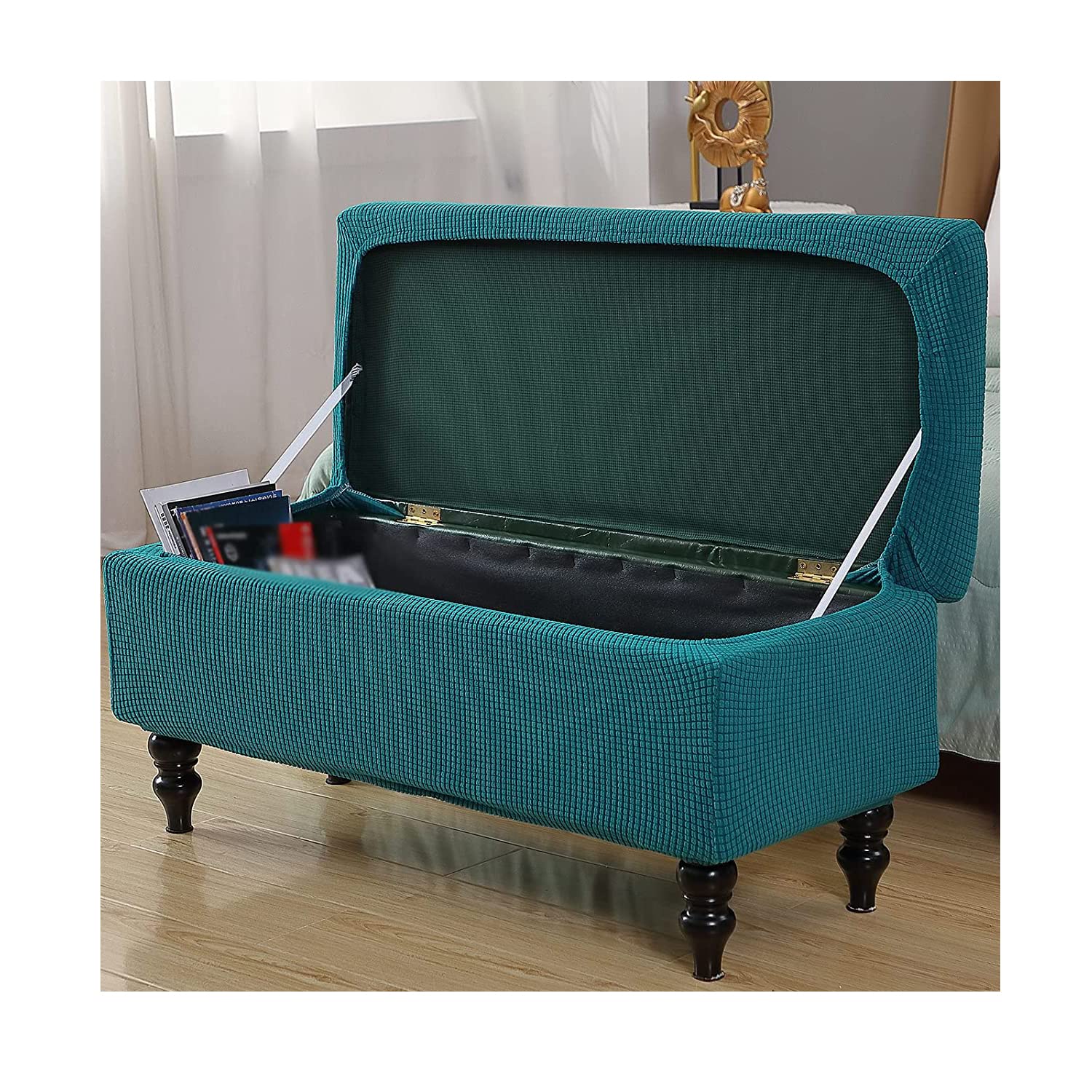 XGANGM Stretch Ottoman Cover Rectangle with Lid S/M/L Storage Ottoman Bench Slipcovers Footstool Cover Rectangle Pouffe Covers Rectangle Removable Washable,peacock blue,1small