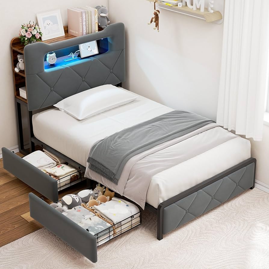 Amazon.com: Jocoevol Twin Upholstered LED Bed Frame with 2