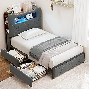 Twin Upholstered LED Bed Frame with 2 Storage Drawers and 2-Tier Storage Bookcase Headboard, Velvet Platform Bed for Kids/Girls/Boys, Heavy Duty Metal Support, No Box Spring Needed, Grey