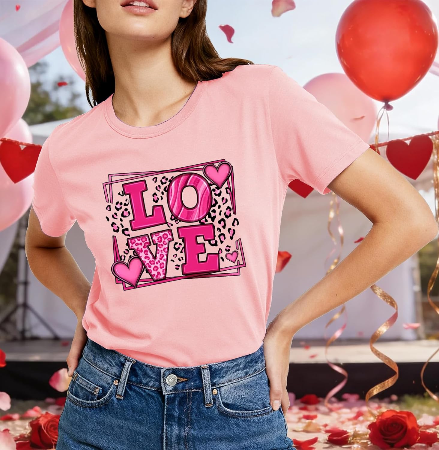 Womens Valentines Shirt -Pink Love Heart Graphic Tshirts Funny Teen Girl's Holi Vacation Casual Outfit Pink - Image 5