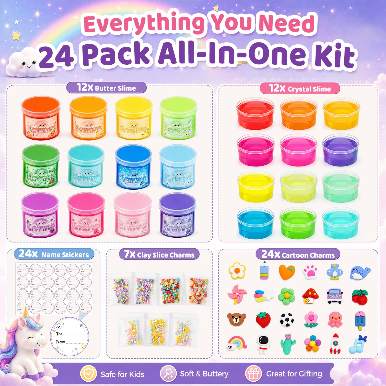 LovesTown 24 Pack Crystal & Cloud Butter Slime Kit, Squishy Party Favors