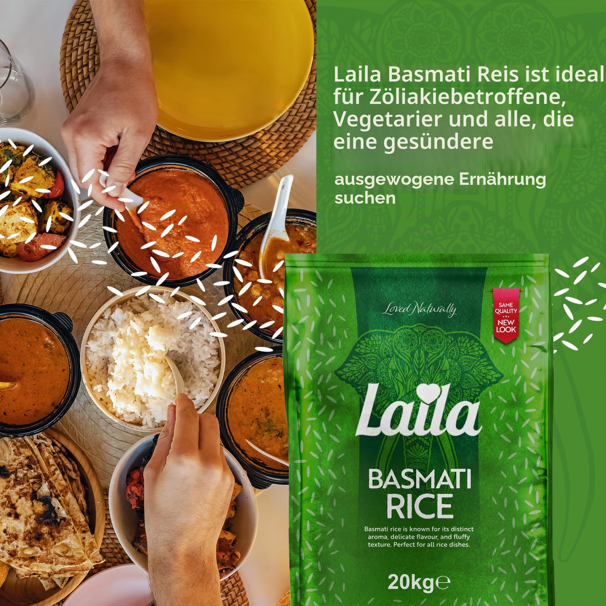 Laila Basmatireis 20 kg, aromatischer Reis im Basmati-Stil, 20 kg Basmatireis Langkorn für Biryani, Pilaw oder Pulao, glutenfreier Reis, 100% reiner Langkornreis