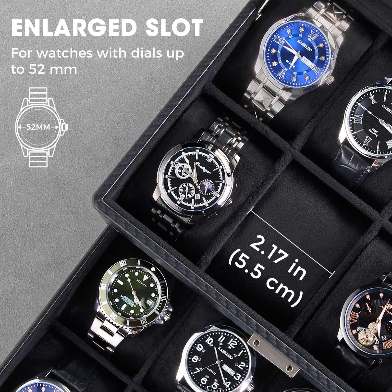 Caja para Relojes para Hombre, Organizador de Joyas con cajón, Estuche de exhibición con Tapa de Cristal - Totalmente Negro, 16 Ranuras
