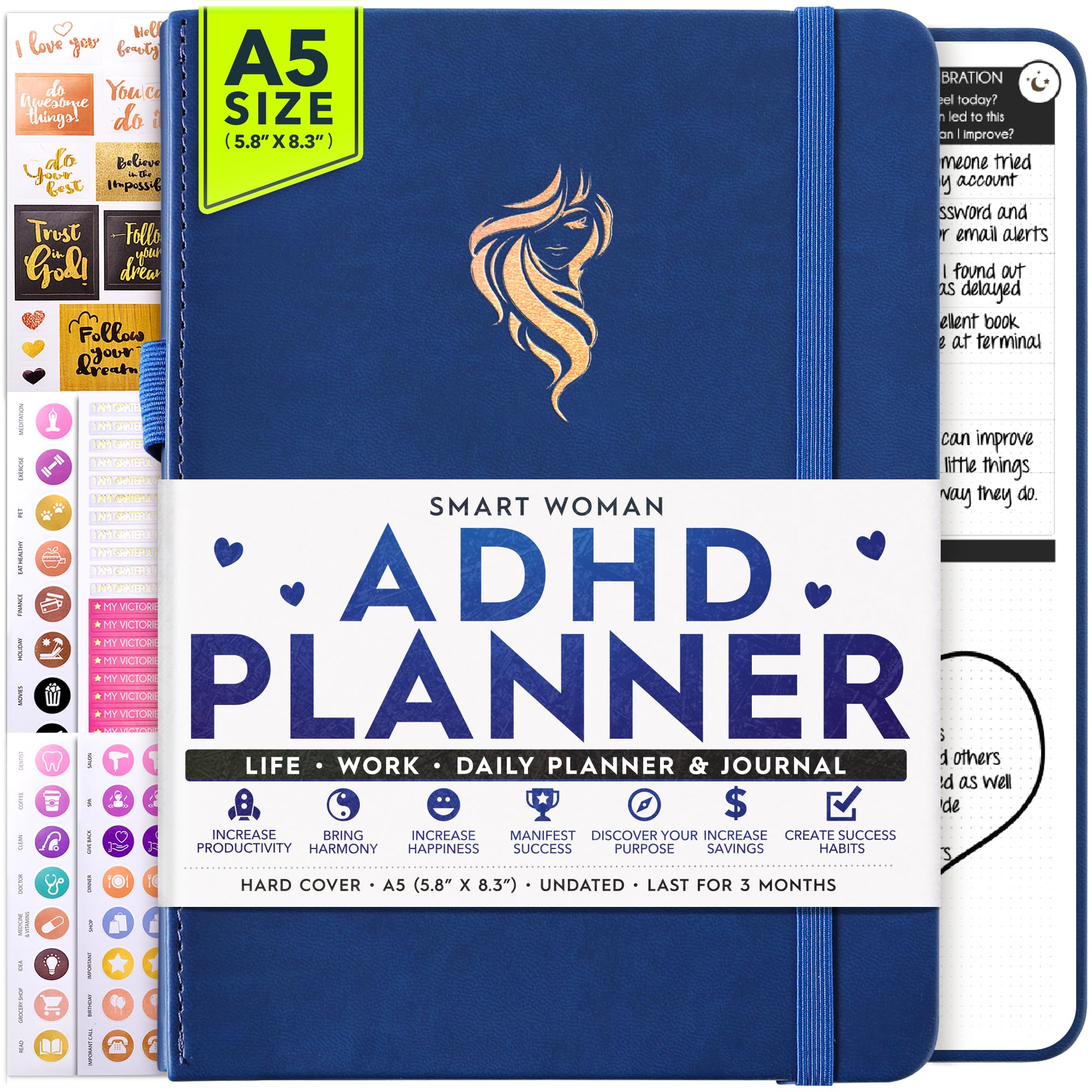Adhd Daily Planner - A Self Care Personal Gratitude Journal to Increase Productivity and Success in Life & Work, Weekly & Monthly Undated Planner for Women and Men, Vision Board & Organizer + Stickers