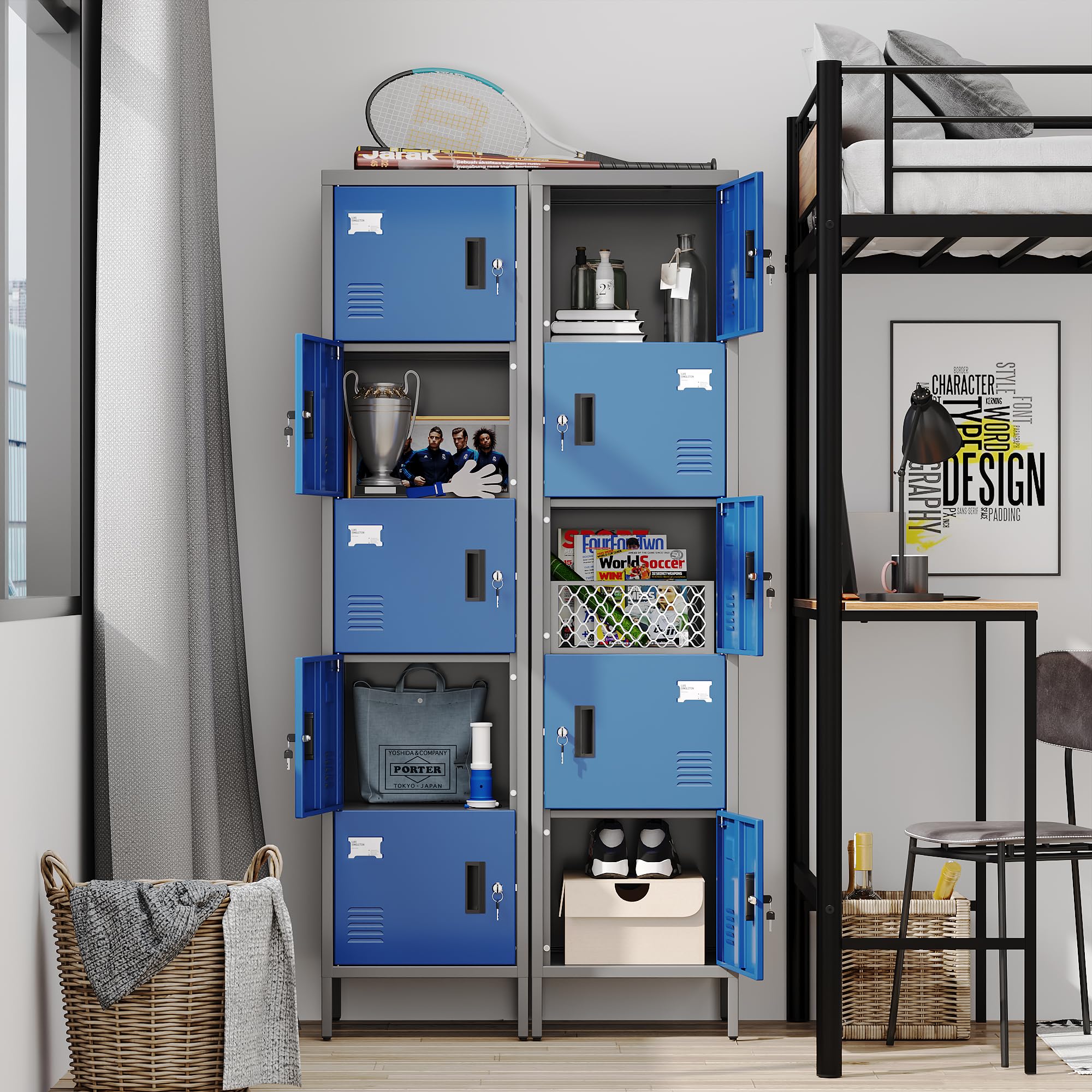 Armadio in metallo con aperture di ventilazione, armadio in metallo a 5 ante con porta badge, adatto per scuola, ufficio e casa, montaggio fai da te, 168 cm x 40 cm x 40 cm, grigio/blu