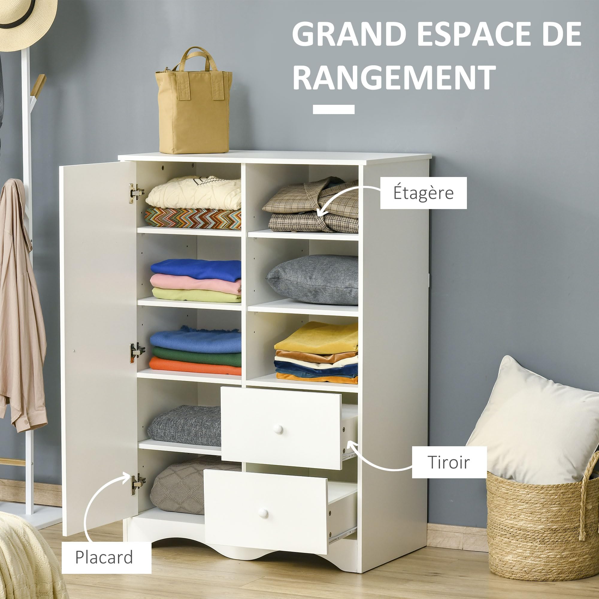 HOMCOM Armoire avec Porte 5 Étagères 3 Niches 2 Tiroirs Blanc, Chambre