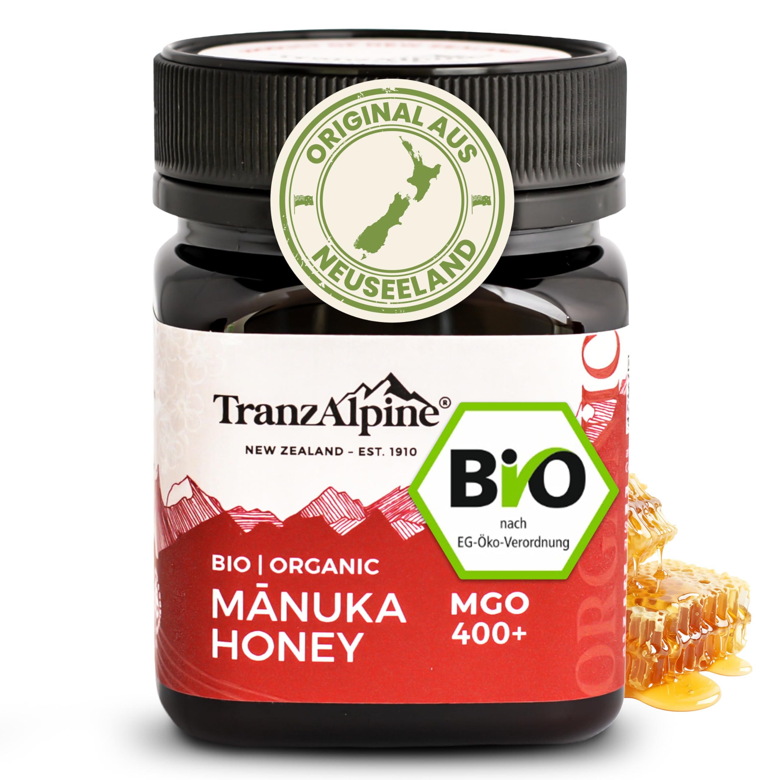 TranzAlpine Manuka Honig BIO-zertifiziert 250g - MGO 400+ | 100 % reiner Premiumhonig aus Neuseeland - Laborgeprüft & Original-Imkerabfüllung
