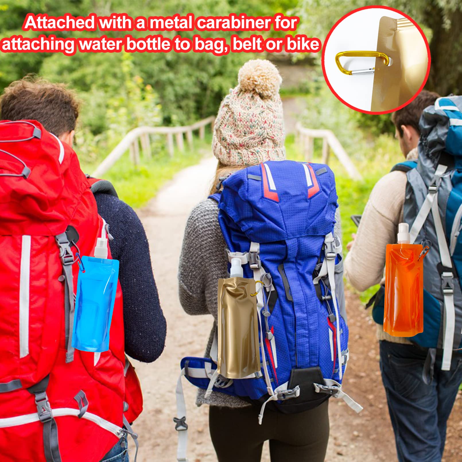 Faltbare Wasserflaschen, wiederverwendbare Trinkwasserbeutel mit Karabiner-Clip, 480 ml, auslaufsichere Wasserflaschen für Camping, Wandern, Reisen, Fitnessstudio, Sport, Radfahren, BPA-frei, 10