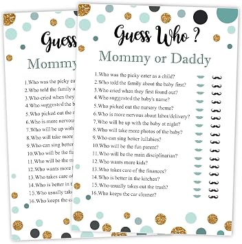 25 Guess Who Mommy or Daddy Fun Baby Shower Game Idea For Girl or Boy Cute Gold Gender Neutral Party, Funny Activity Questions at Gender Reveal Bundle, Party Activities Supplies For Kids, Mom, Dad