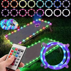 2 Pack Cornhole Lights, 16 Colors LED Cornhole Ring Lights with PVC Board and Edge Lights, with Remote Control for Family Backyard Bean Bag Corn Hole Game, Corn Hole Outdoor Game(4ft × 2ft)