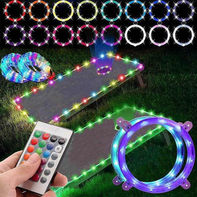 2 Emballez les lumières du trou de maïs, 16 Couleurs LED Lumières de bague de trou de maïs avec PVC Tableau et lumières d'Edge, avec télécommande pour la famille Backyard Bean Bag Jeu de trou de maïs, Corn Hole Outdoor Game(4ft × 2ft)