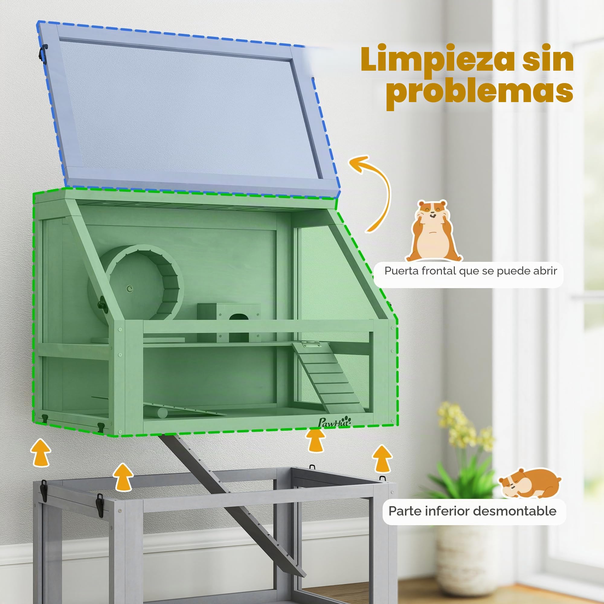 PawHut Jaula de madera para hámster de 3 niveles, color gris claro | Jaula de jerbo, parte inferior desmontable de 32 cm de profundidad, cabaña, balancín, rueda de ejercicio, rampas