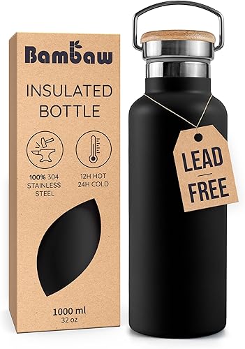 Miniatura 24 de Bambaw Botella de agua aislada de 32 onzas, botella de agua de acero inoxidable verde, botella de agua grande de acero inoxidable, botella de agua