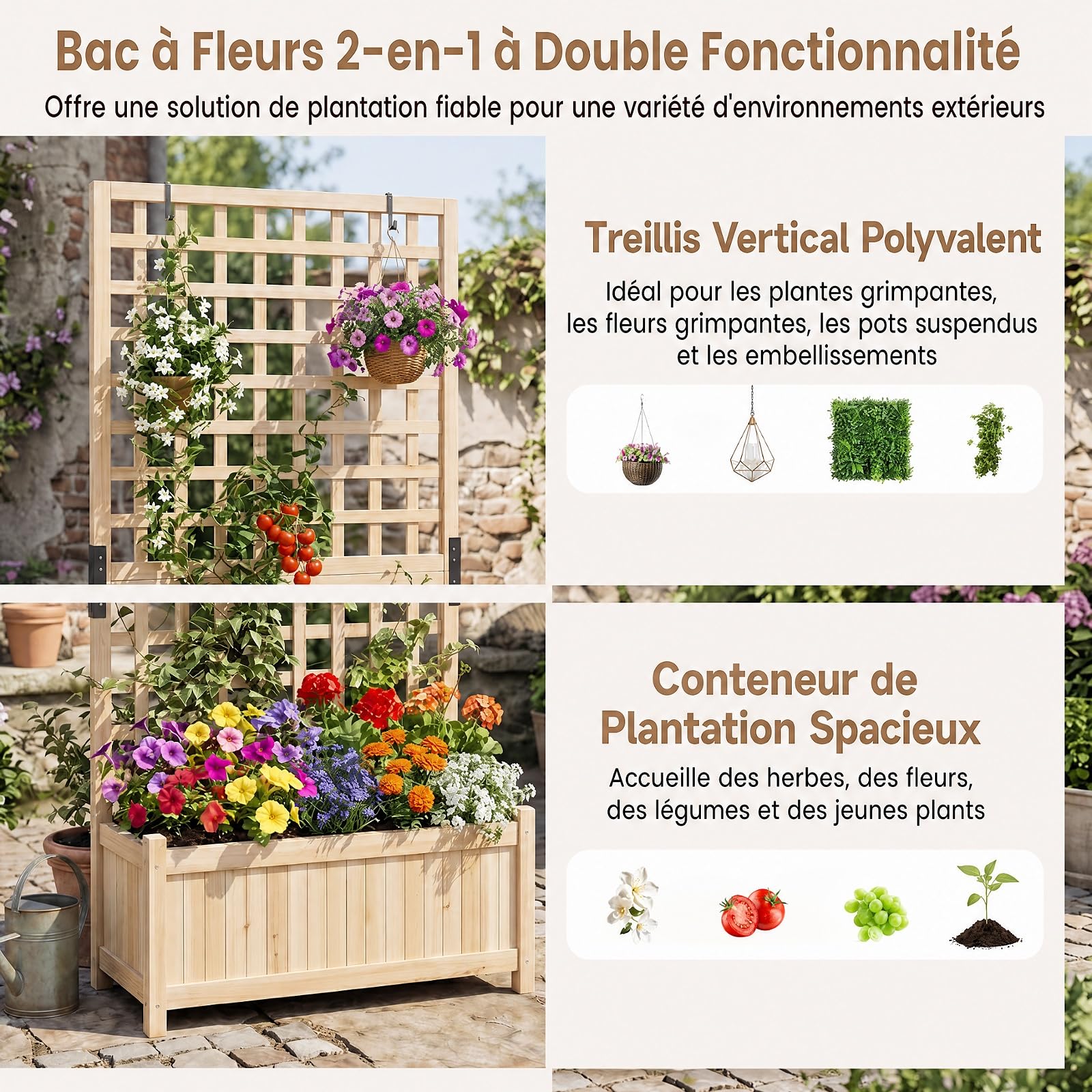GOPLUS Jardinière avec Treillis en Bois, Jardinière Brise Vue sur Pieds, 76x32x143CM, avec Fond Amovible, 3 Trous de Drainage, Bac avec Treillis à Fleur, Plante Grimpant, pour Balcon, Jardin (Naturel)
