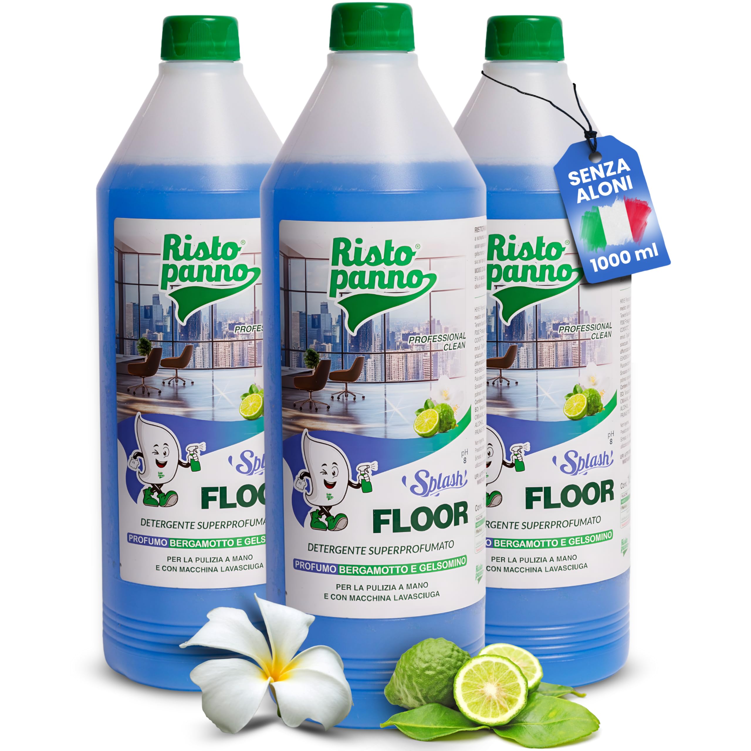 3PZ x 1L Lavapavimenti Professionale Super Profumato | Senza Risciacquo - Bergamotto e Gelsomino - Detergente Pavimenti Manuale o Macchina - Prodotti Pulizia SPLASH FLOOR