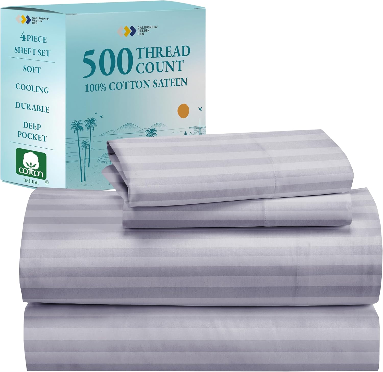 California Design Den - Deep Pocket Queen Sheet Sets, Soft 100% Cotton Cooling Sheets with Snug Fit Elastic, 500 Thread Count Sateen, Hotel Quality, Damask Stripe Bedding for Home (Stripe - Lavender)