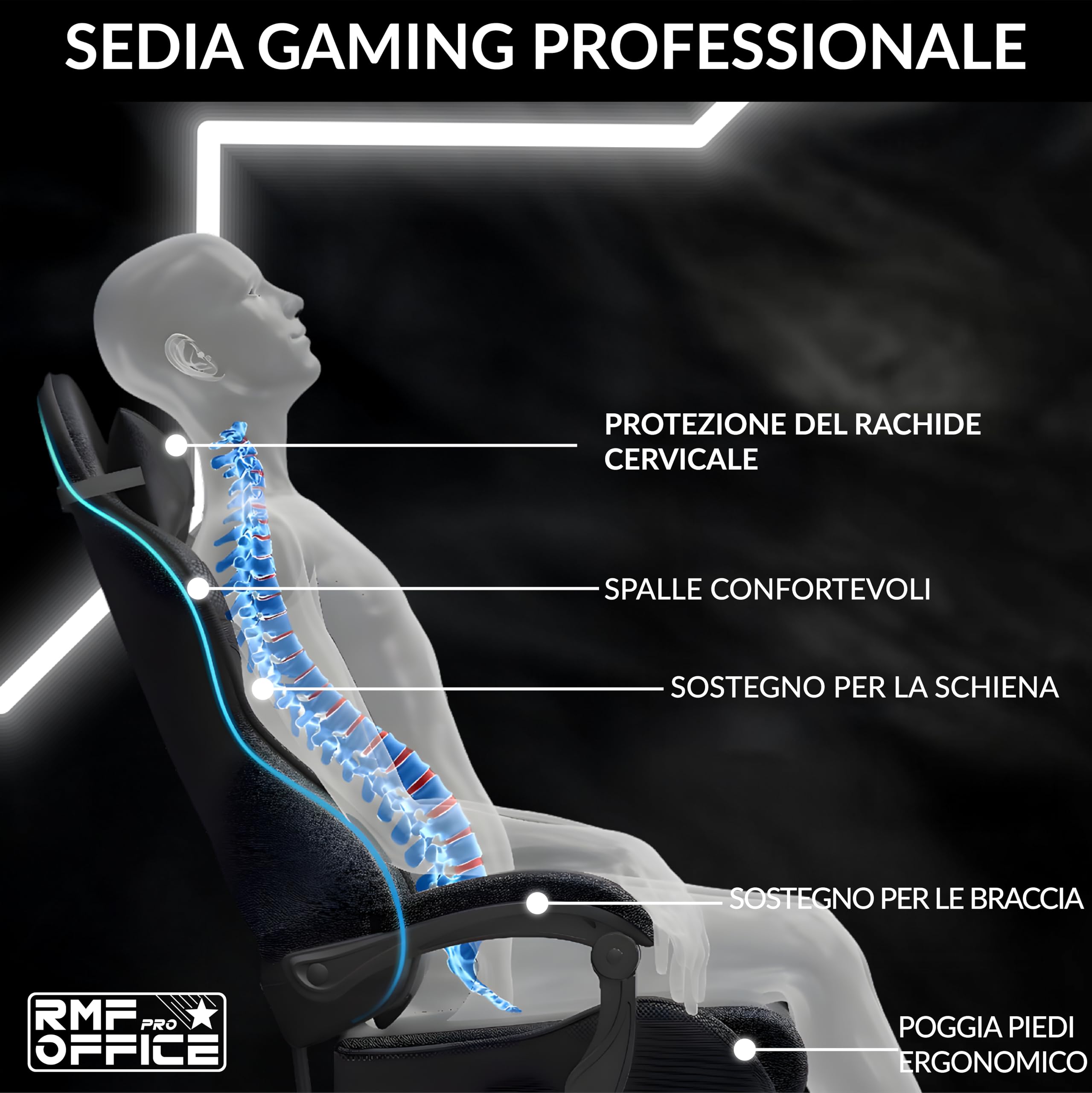 RMF Sedia Gaming Professionale Ergonomica Reclinabile, Poltrona Gaming Seduta Comoda e Rilassante con Poggiapiedi - Sedia per Gamer con Ruote Girevoli, Altezza Regolabile Nero