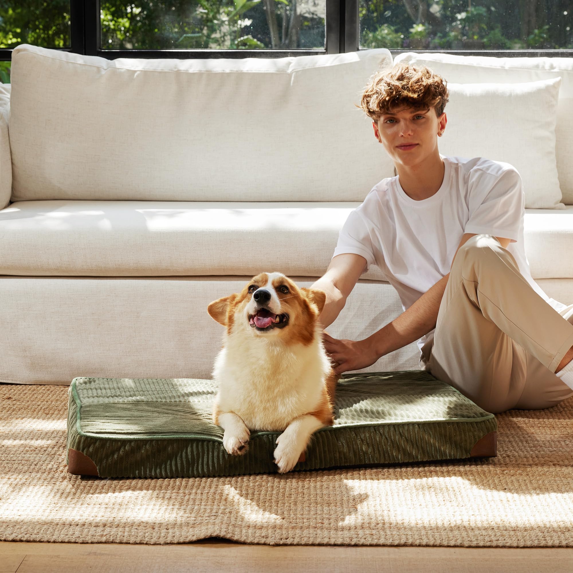 FUKUMARU Cama para Perros Grande Ortopédica, 91x56x9cm, Colchón Lavable para Perro, Sofá Perro Desmontable, Fondo Antideslizante, Tejido Impermeable, Verde