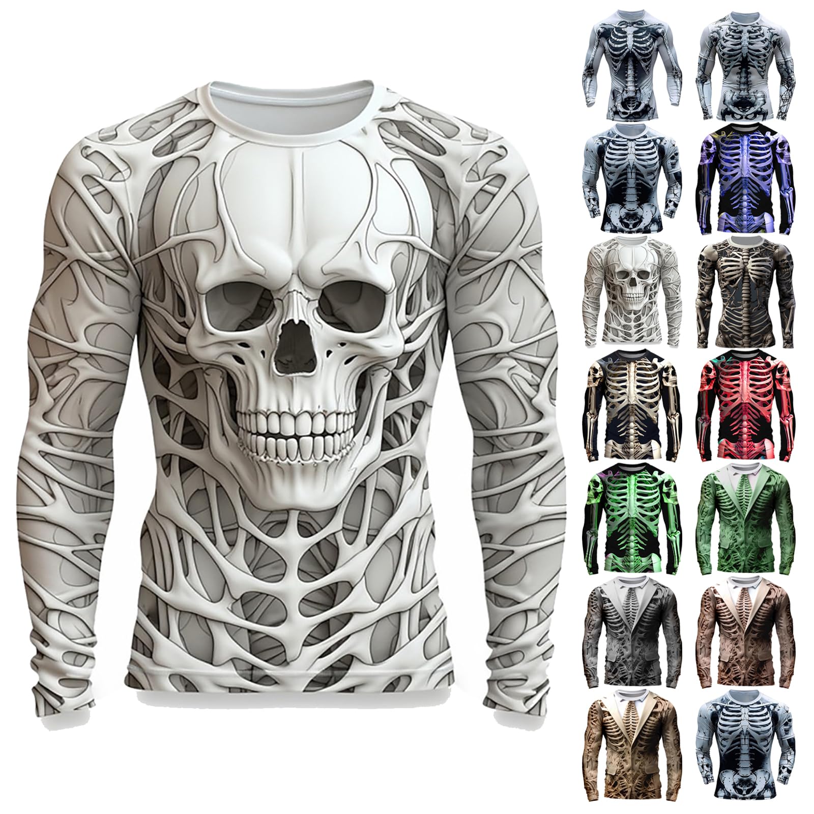 Mens Halloween Skeleton Shirts Crew Neck Long Sleeve 3D Print Graphic T Shirt Novelty Holiday Party Costumes Funny Pullover, A02-Grey, M