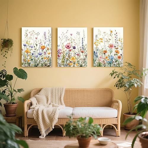Miniatura 5 de WRFON Juego de 3 lienzos de flores silvestres para pared, impresiones florales botánicas sin marco, lienzo de flores de prado para sala de estar,