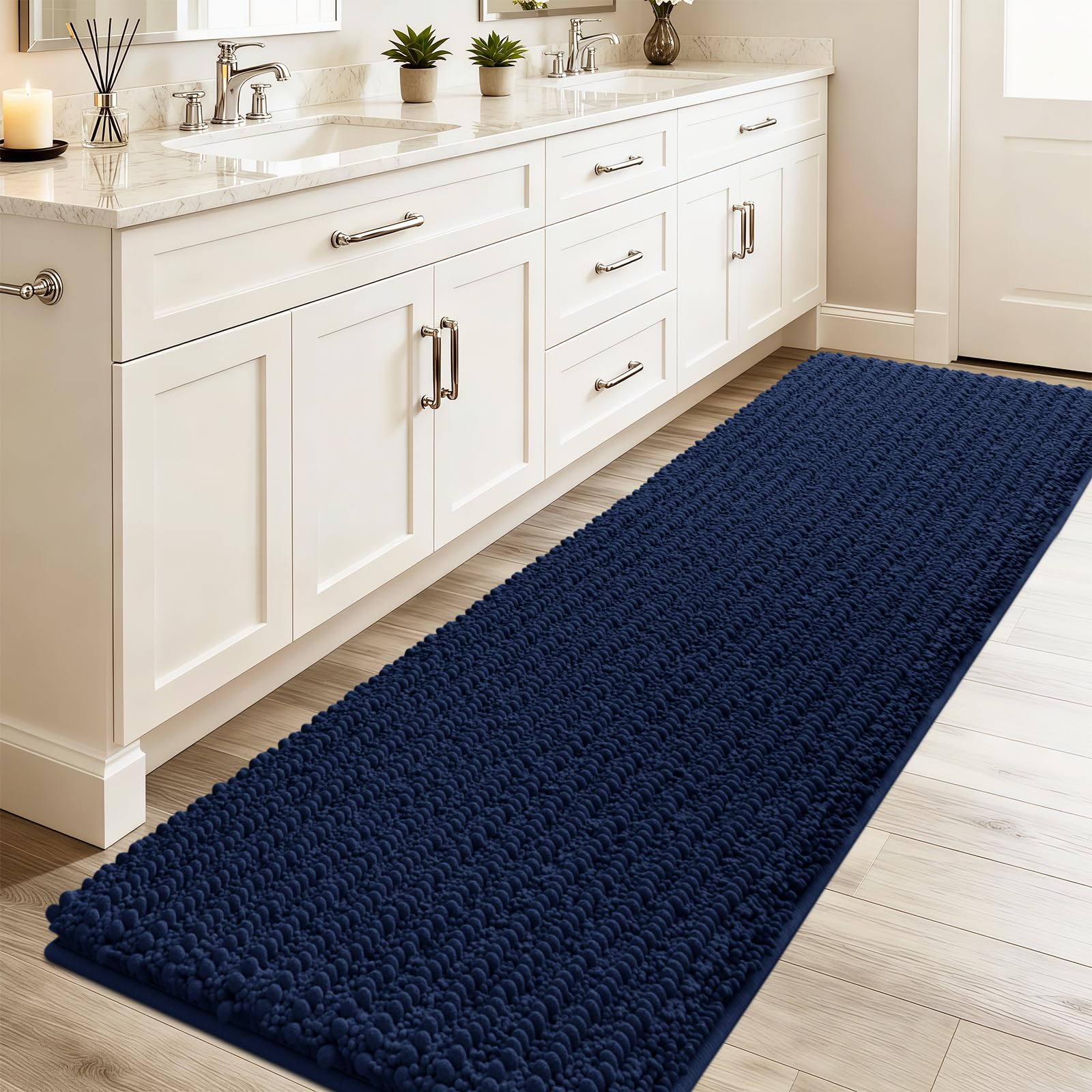 ACCUMTEK Extra Long Upgrade Luxury Navy Blue Bathroom Rug Mat 70"x24", Ultra Soft Thick Absorbent Bath Mats, Non Slip Chenille Toilet Mat for Bathroom, Bedroom, Kitchen, Shower, Tub