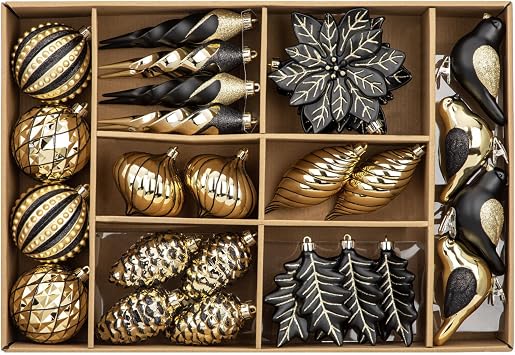 Briful 30ct Christmas Ornaments Set Christmas Tree Ornaments Decorations, Black Gold Assorted Flowers Leaf Birds Icicle Pine Cone Christmas Ball Baubles for Xmas Birthday Winter Holiday Wedding