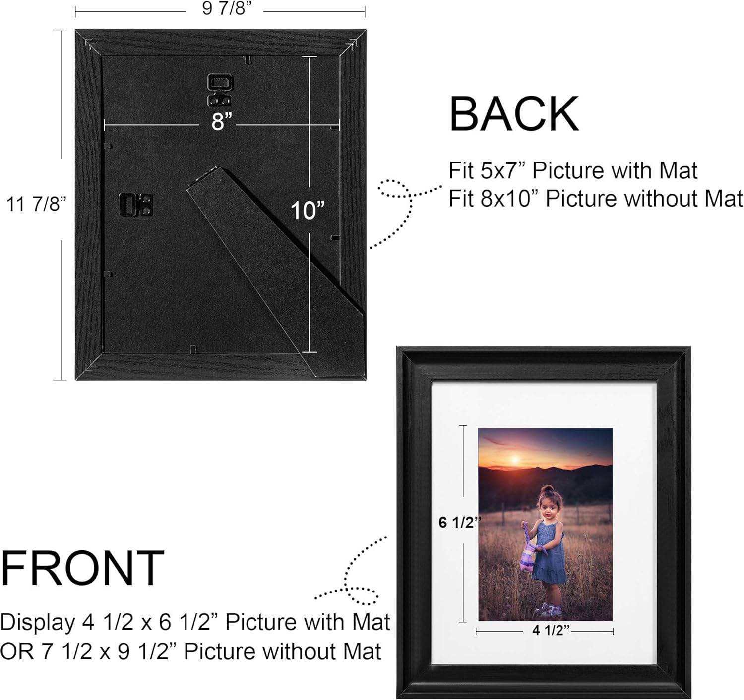 Upsimples Home 8x10 Picture Frame, Real Glass and Composite Wood for Wall or Tabletop Display, Display Pictures 5x7 with Mat or 8 x 10' Without Mat, Hanging Hardware Included, Set of 4, Black -