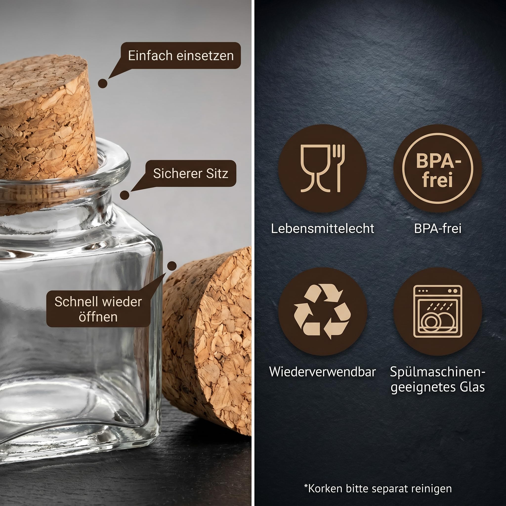gouveo Set da 24 barattoli quadrati per spezie da 50 ml con tappo in sughero – Piccoli vasetti in vetro per erbe e spezie (KGE050PK)