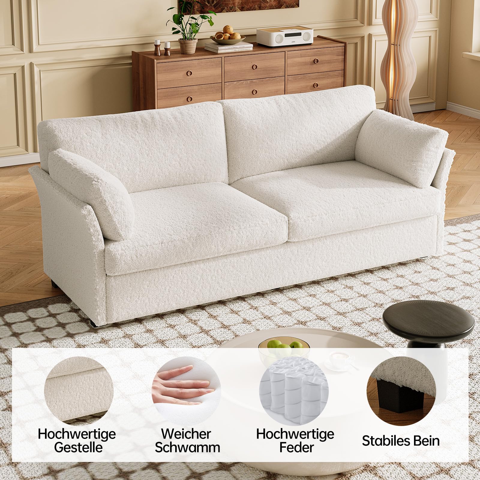 Miuuod Canapé 2 places 186 cm - Loveseat en Teddy Fleece avec 2 coussins, pour petits espaces, beige, facile à nettoyer et à installer