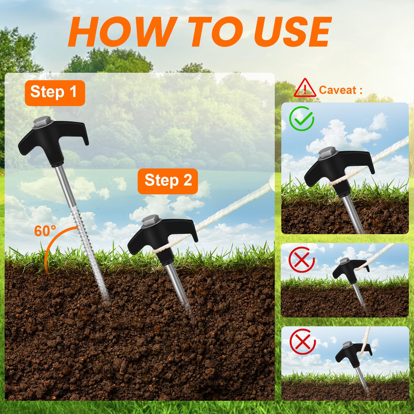 12 Pack Tent Stakes Heavy Duty 8" Ground Anchors Screw In Camping Stakes With Grow In The Dark Heads Metal Threade - View #7