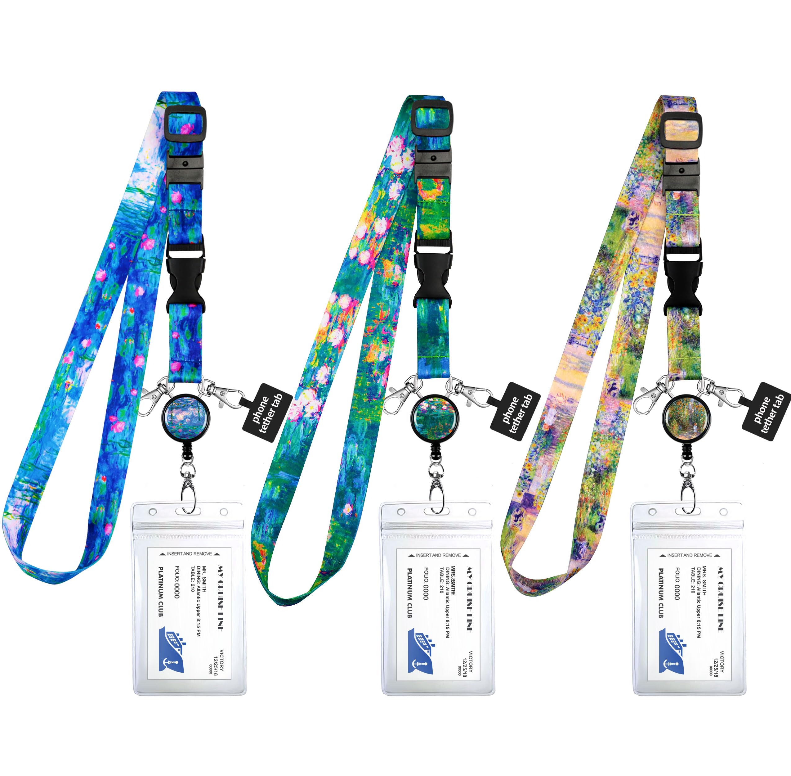 One In A MillionaireCruise Lanyards 3 Pack Adjustable Lanyard with Phone Tether Holder. Breakaway Safety Clip. Retractable Badge Reel. Waterproof ID Ship Cards Holder. Cruise Essentials. Claude Monet Collection