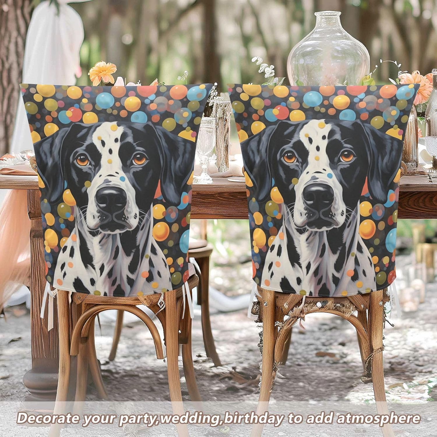 ALAZA Dog and Colorful Dots Chair Back Cover Set of 6, Washable Reusable Removable Chair Slipcovers Decorative Chair Cover for Home Kitchen Wedding Party
