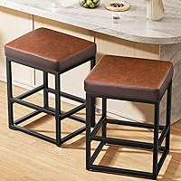 Vista 1 de Counter Height Bar Stools Set of 2, 24" Barstools for Kitchen Countertop, Faux Leather Counter Stools with Thick Square Seats & Sturdy Metal Base
