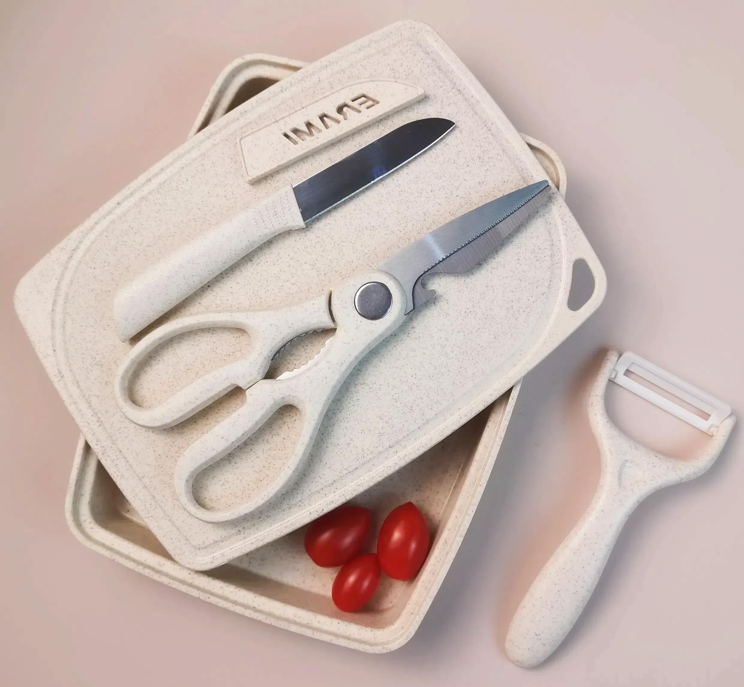 ZeQi 5-in-1 Cutting Board, Knife, Peeler, Scissors and Tray Set/Travel, Camping/Outdoor, Dorms/Small Cutting Boards/BPA Free/Dishwasher Safe