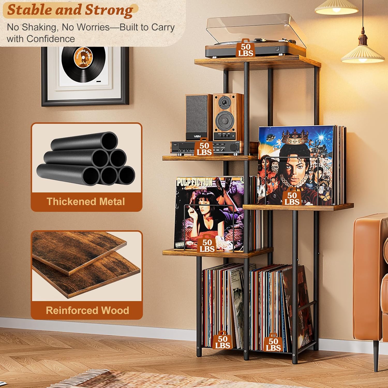 Record Player Stand, Vinyl Record Storage Holder with Display Shelf, Turntable Stand Table with Vinyl Organizer Dividers Album Rack, Vintage Style Record Cabinet Wood, Mid Century Modern Tall Console