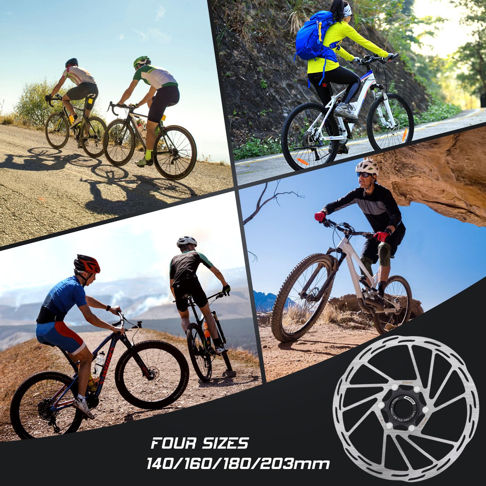 BUCKLOS IIIPRO Rotor de frein à disque centré pour vélo de montagne, vélo de route, VTT, en acier inoxydable, 140 mm, 160 mm, 180 mm, 203 mm (noir)