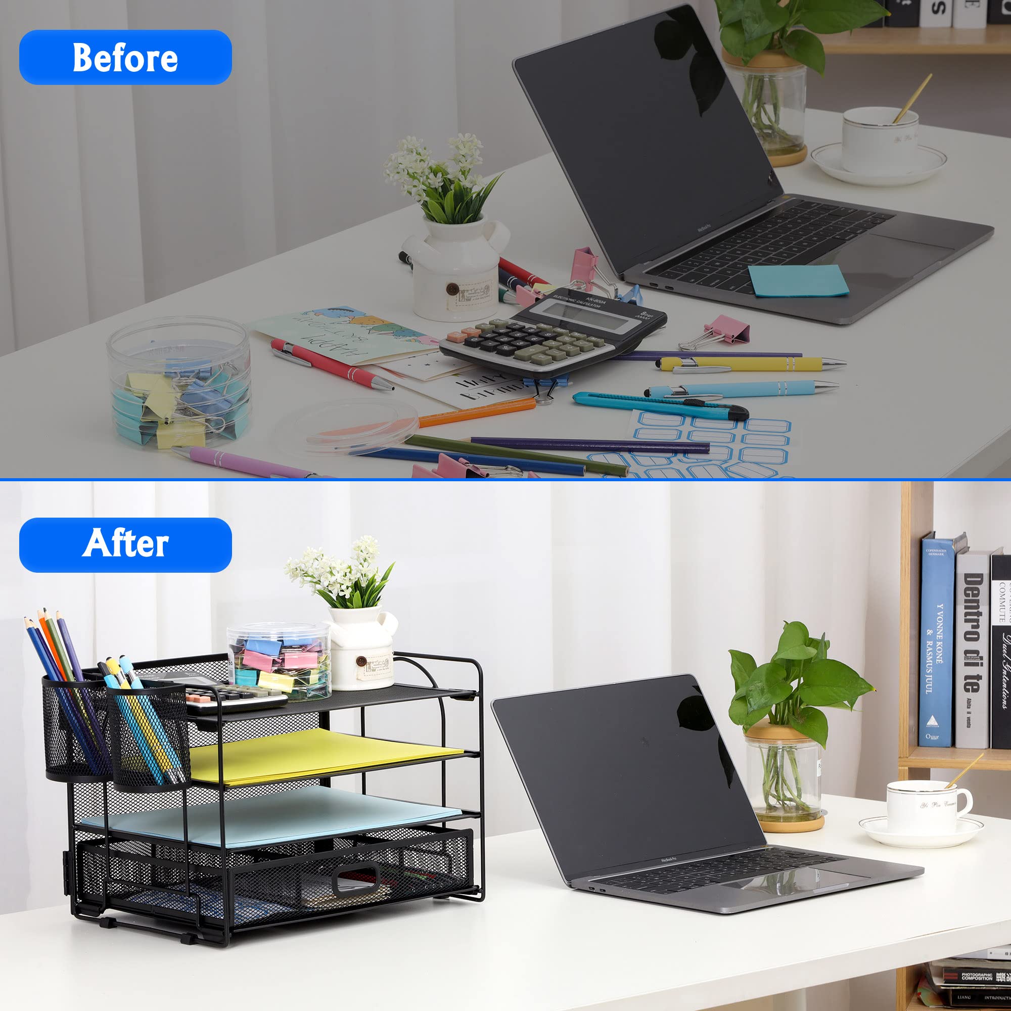 Schreibtisch-Organizer-Set, Netzstoff, Bürobedarf, Papierordner, Organizer für Schreibtisch mit Stifthalter, Notizbuch, Bleistiftaufbewahrung, Zubehör mit 4 Ablagen + Schublade, schwarz