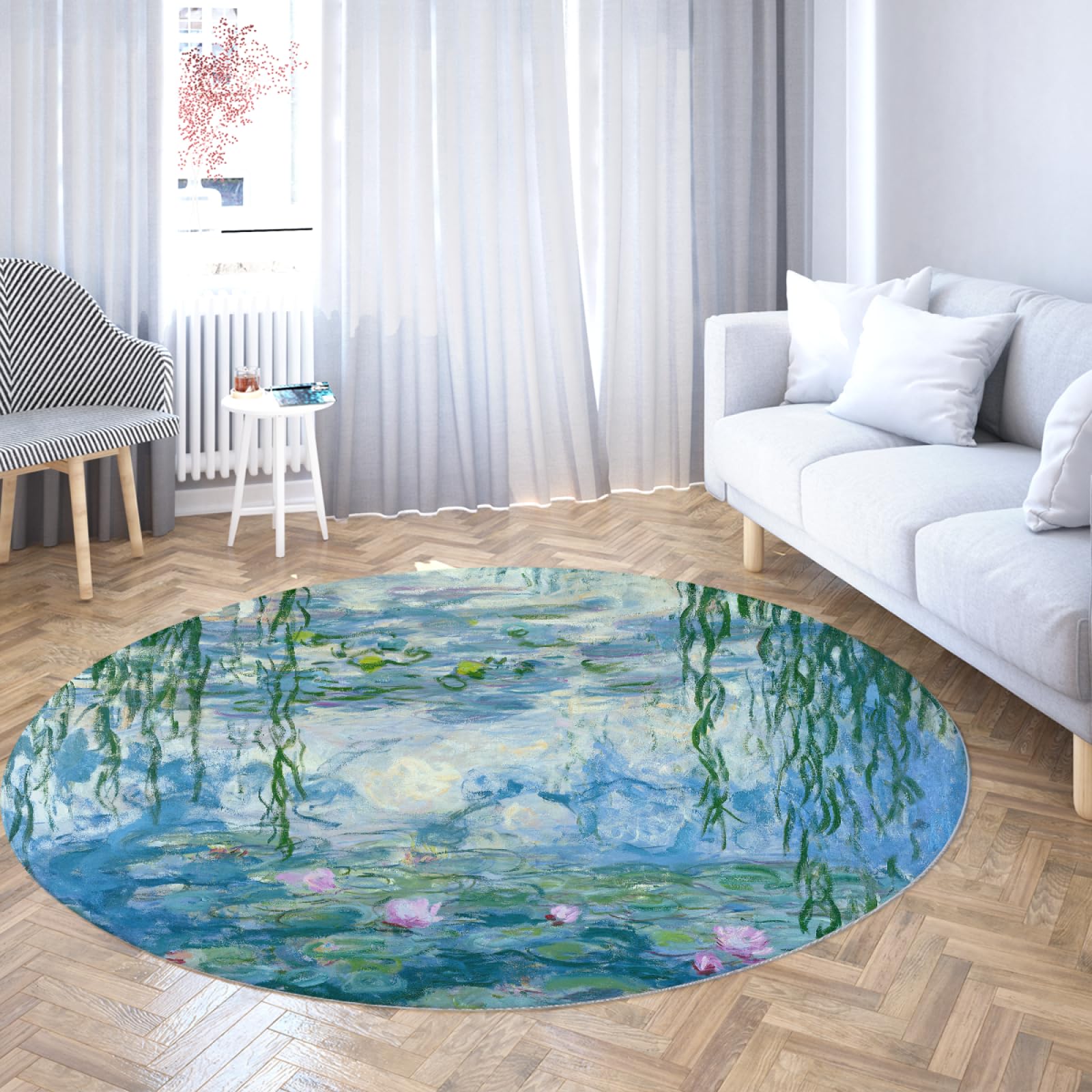 Tapis Ronds de Style impressionniste 100cm nénuphar Lavable Support antidérapant Jeté à Poils Ras Tapis Circulaire pour Salle à Manger Chambre d’Amis
