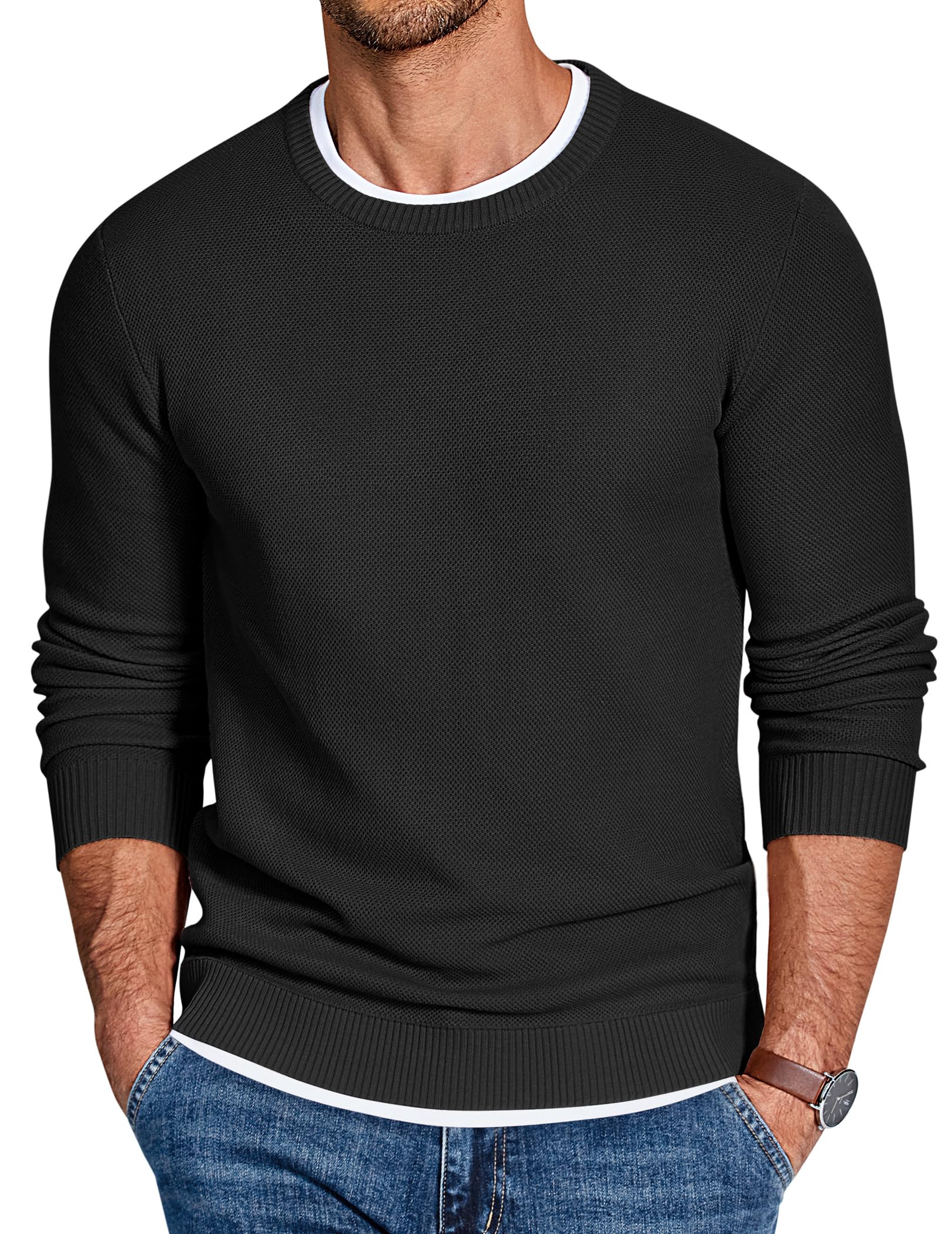 Mens Crewneck Sweater Slim Fit Lightweight Knit Pullover Casual Dress Crew Neck Pullover Sweaters-image-3