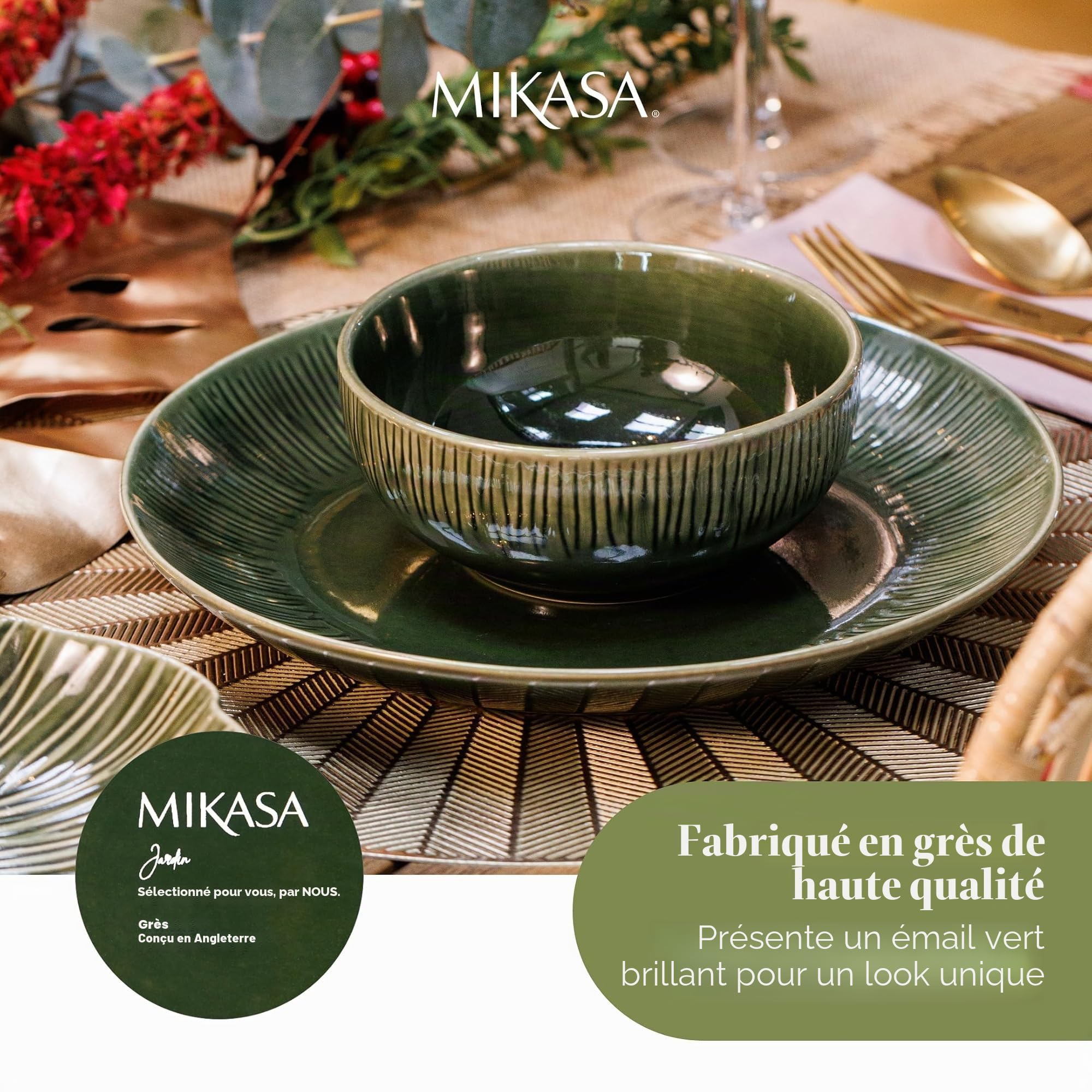 Mikasa Jardin Service de table 12 pièces, service de table en grès pour 4 personnes avec assiettes à dîner, assiettes d'accompagnement et bols, vert - Boite cadeau et lavable au lave-vaisselle
