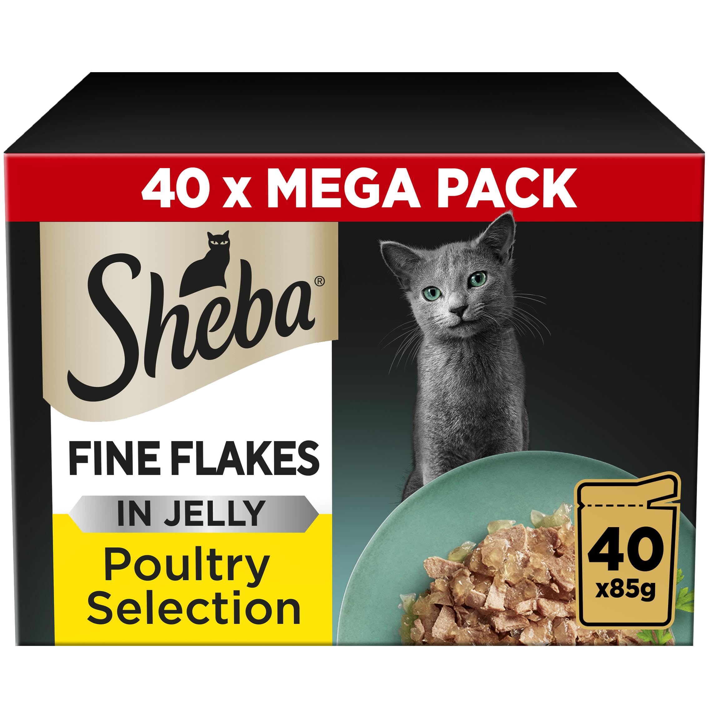 Sheba Fine Flakes in Jelly – Poultry Collection – Wet cat food pouches for adult cats – 40x85g pack
