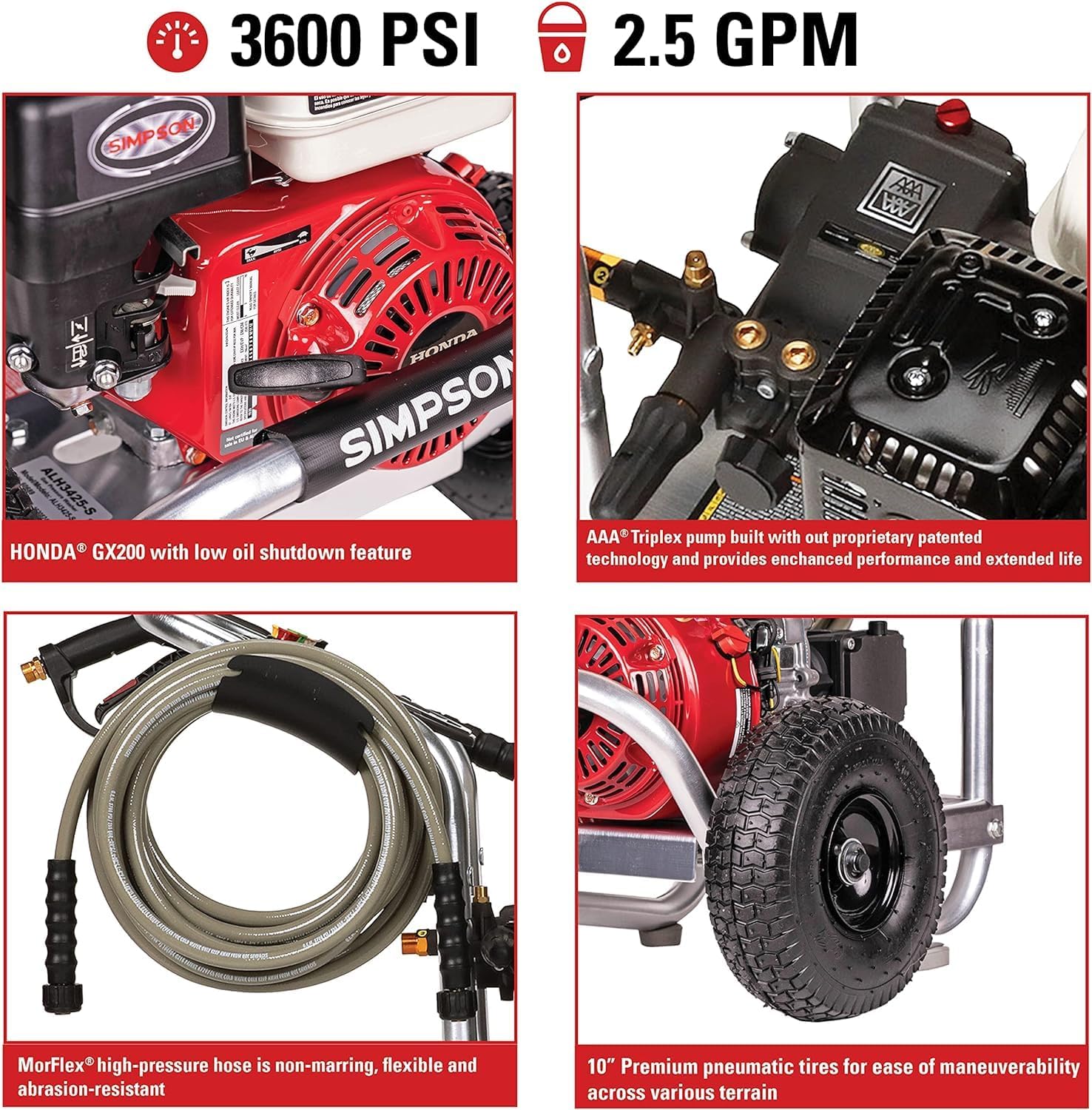 Simpson Cleaning 3600 PSI Gas Pressure Washer, 2.5 GPM Power Washer for Commercial Use, Honda GX200 Engine, 35-Foot MorFlex Hose, Aluminum Series, 49-State (ALH3425) - Image 2