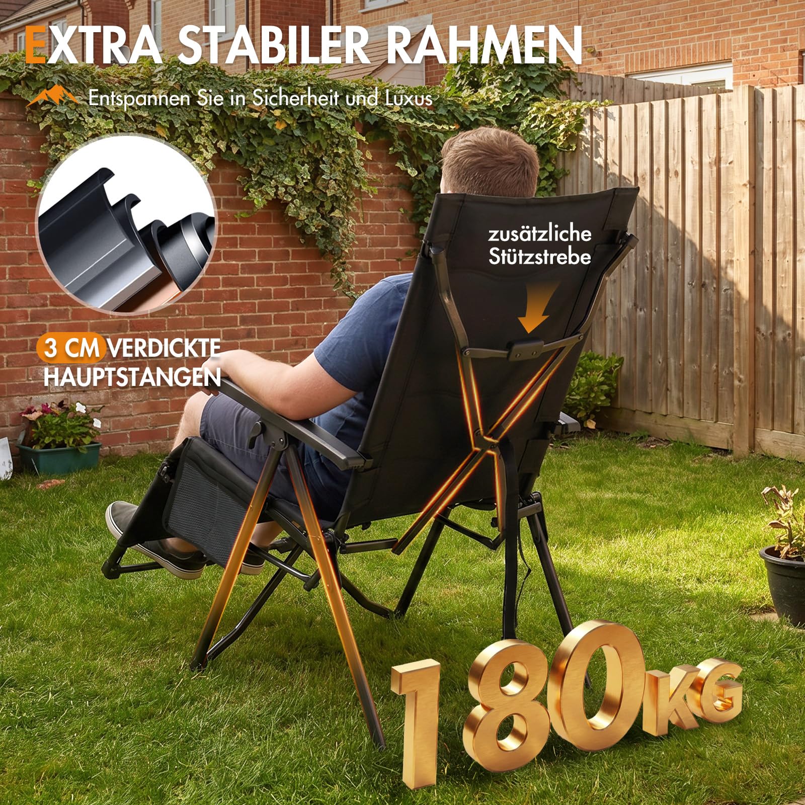 Portal Liegestuhl Klappbar Garten Campingstuhl Faltbar mit Fußablage 180KG Klappliege mit Zero-Gravity-Funktion Sonnenliege im Bündel-Falt-Design verstellbare Liege für Terrasse Strand Indoor